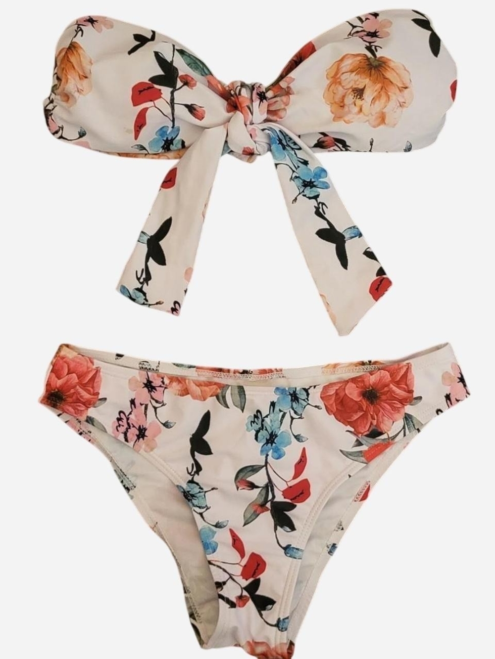 Floral 🧡 Tie-Front Swim Bikini Set - Cream with Multicolor Flowers